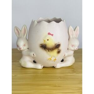 Vintage MCM INARCO Japan Easter Bunny Planter Pink Chick 2 Bunnies